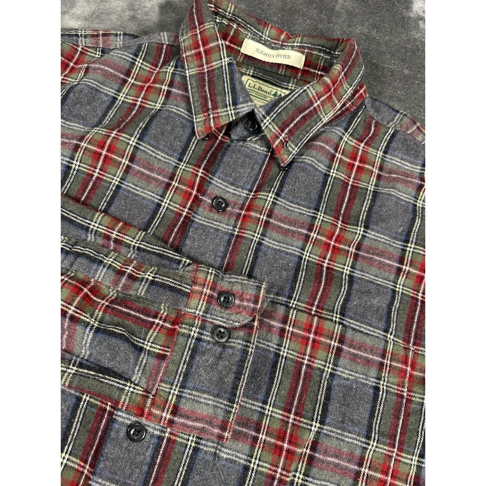 LL‎ Bean Shirt Mens LARGE  TALL Gray Plaid Slightly Fitted Long Sleeve Flannel